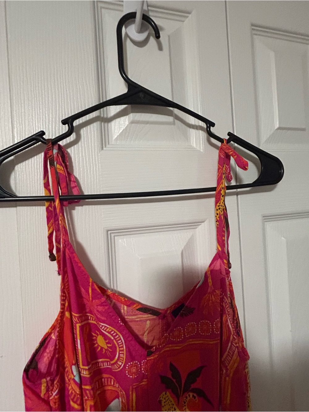 🐆 Bright Pink orange Tropical palm cheetah Print Wide-Leg Jumpsuit tie straps - Picture 6 of 8